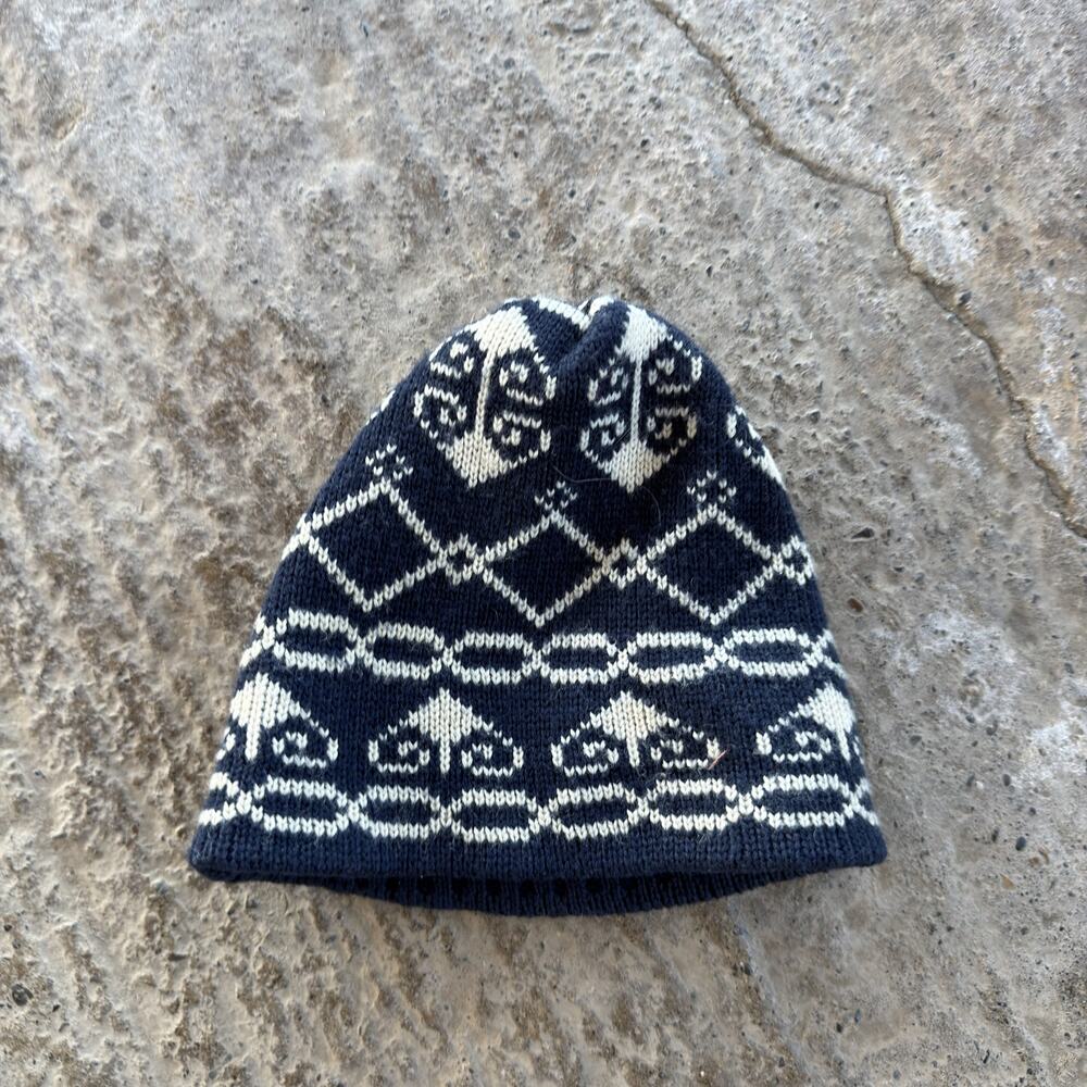 Vintage 80s Arctic Blue Beanie Wool Hat Outdoor Patterned Geometric Fisherman